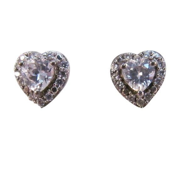Cubic Zirconia Sterling Silver Heart Pierced Earrings - Picture 1 of 15